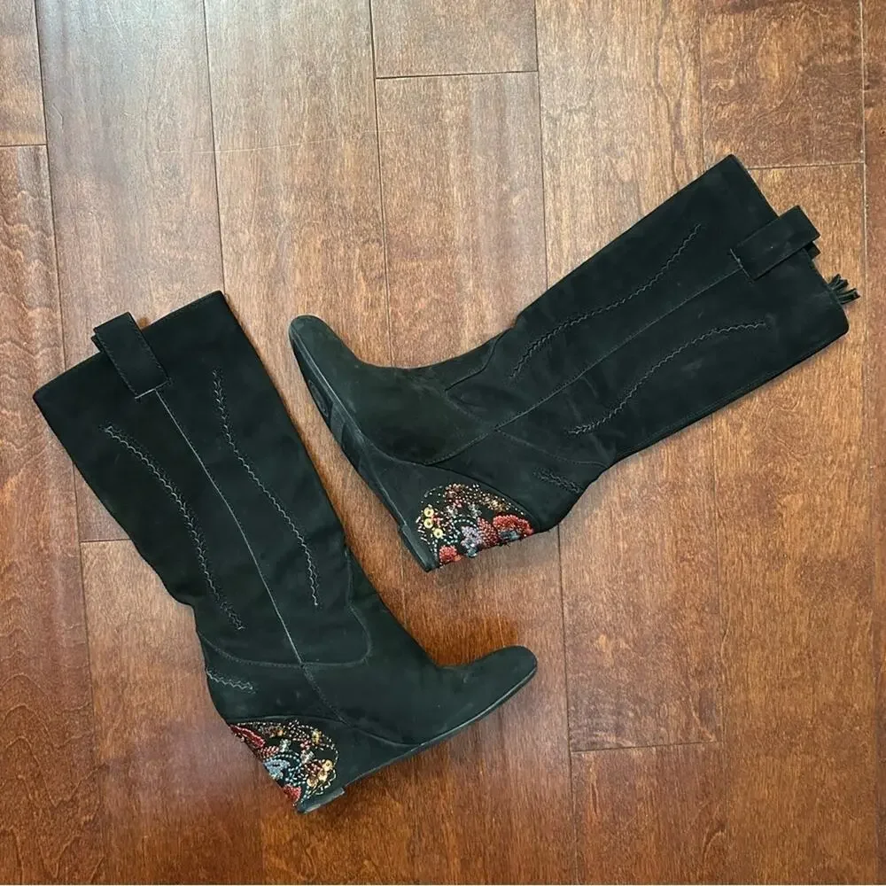 Classical Western Whimsigoth Boho Black Suede Embroidered Wedge Boots, Size 6.5